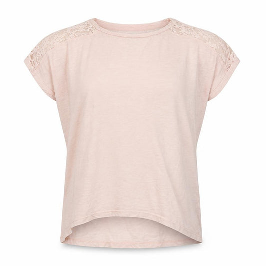 Front view of LOGG girls’ ivory basic polo, size 11-12, years - lace trim on top