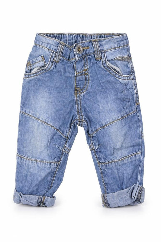 Front view of Tu boys’ blue cargo jeans, size 3-6, months