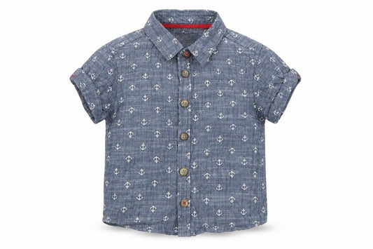 Front view of Mini Rebel Baby Blue Basic Button-Up, size 9-12, Months - anchors