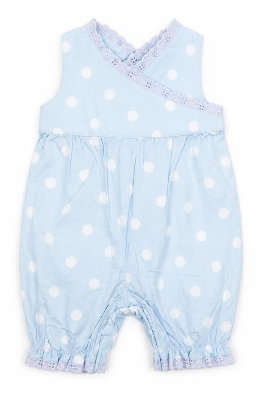 Front view of Tiny Ted Baby Blue Polka Dot Dungaree One-Piece, size 0-3, Months