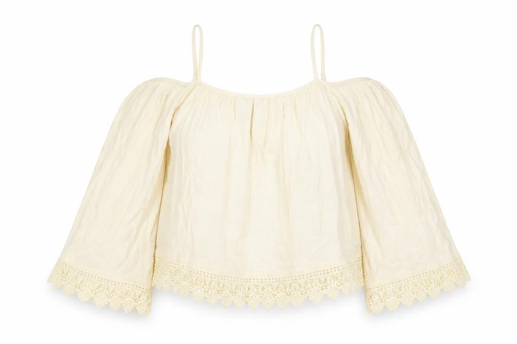 Front view of Divided by H&M women’s ivory basic blouse, size UK 12, - lace detail