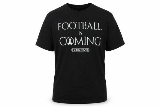 Front view of Subbuteo men’s black t-shirt, size M, - football is coming