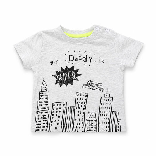 Front view of F&F boys’ grey basic t-shirt, size 3-6, months - my daddy is super