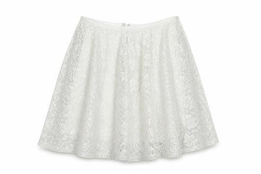 Front view of Miss Selfridge women’s grey lace skater skirt, size UK 10