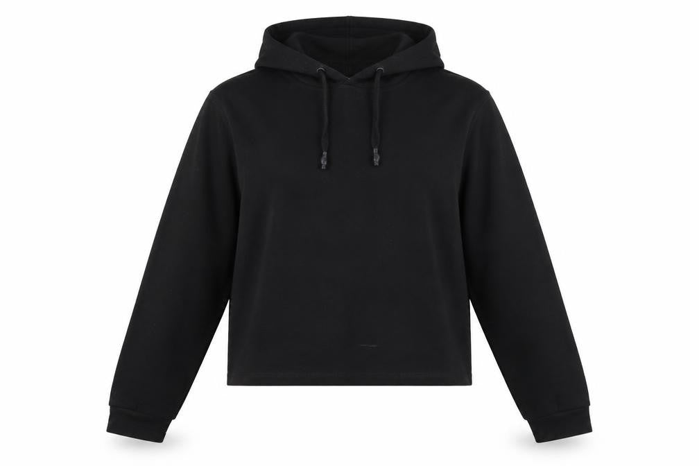 Front view of Fluid women’s black jersey pullover hoodie, size UK 14
