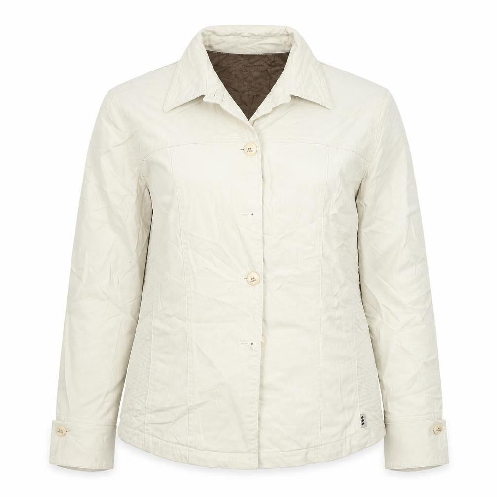 Front view of Jocavis women’s beige jacket coat, size UK 14