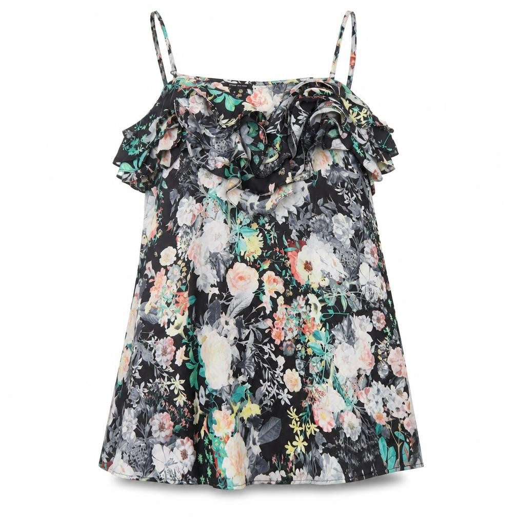 Front view of River Island women’s black floral camisole blouse, size UK 8