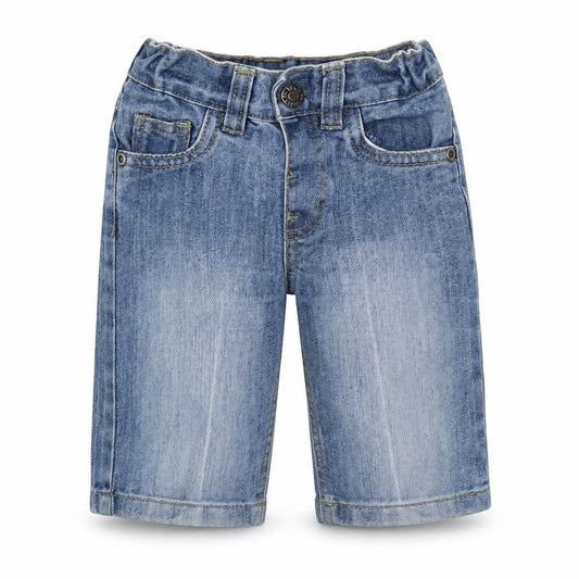 Front view of Denim & Co. boys’ blue denim chino trousers, size 3-4, years