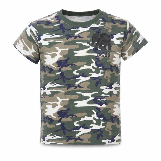 Front view of Preworn boys’ green camouflage basic t-shirt, size 4-5, years