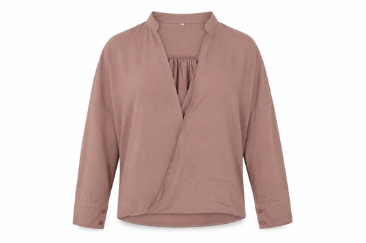Front view of Preworn women’s beige wrap blouse, size XL