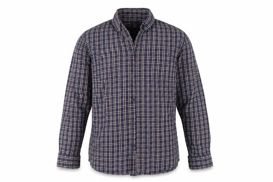 Front view of F&F men’s blue plaid button-up, size L