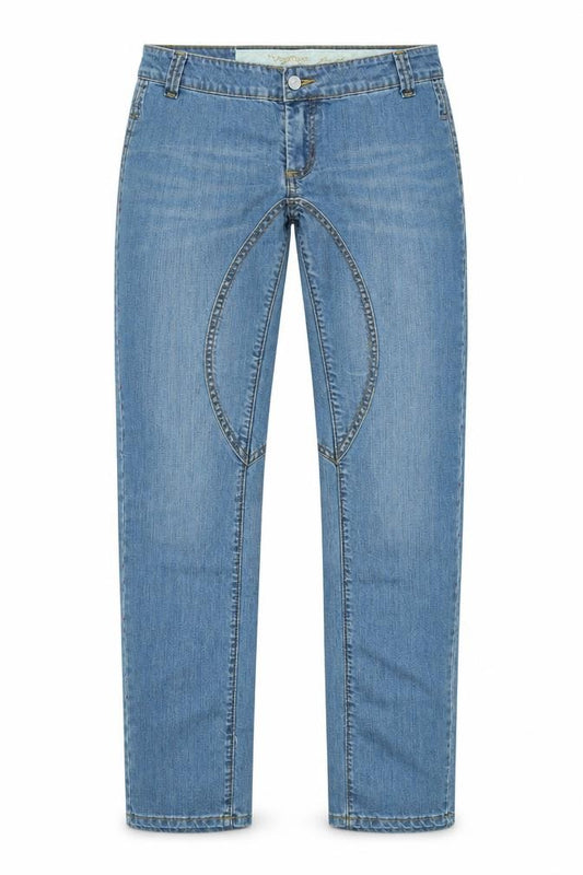 Front view of Yes Miss women’s blue denim straight jeans, size XL, 30-inch leg