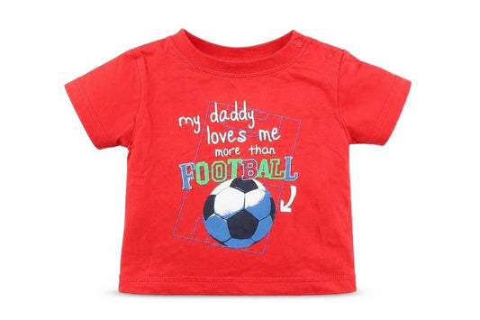 Front view of Blue Zoo Baby Red Basic T-Shirt, size 3-6, Months - my daddy loves me more than football