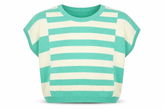 Front view of Sophie girls’ green striped cardigan jumper, size 10-11, years