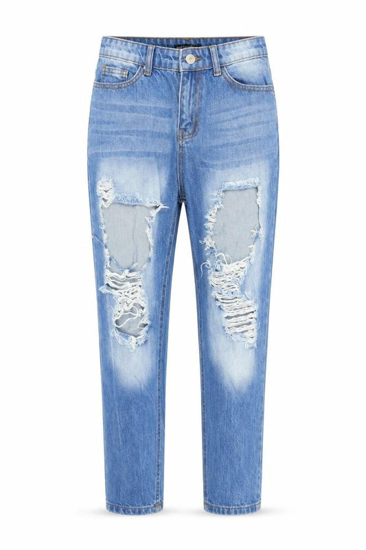 Front view of Boohoo women’s blue denim mom jeans, size UK 10, 24-inch leg