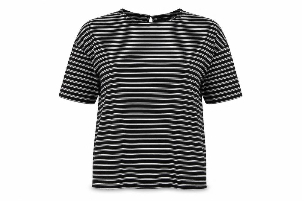 Front view of Marks & Spencer women’s black striped basic t-shirt, size UK 14