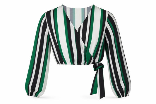 Front view of Select women’s green striped basic blouse, size UK 12