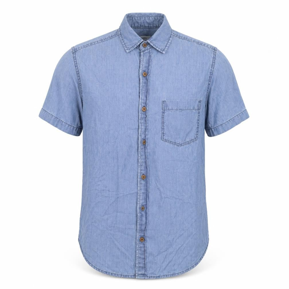 Front view of open men’s blue button-up, size S