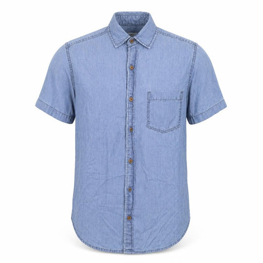 Front view of open men’s blue button-up, size S