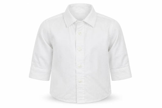Front view of Monsoon boys’ white basic button-up, size 3-6, months
