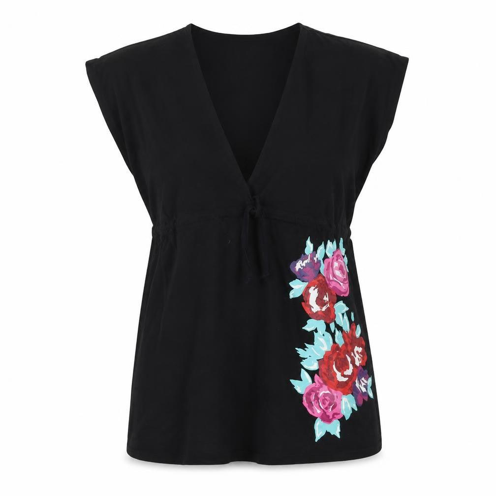 Front view of Resort women’s black floral basic t-shirt, size UK 14