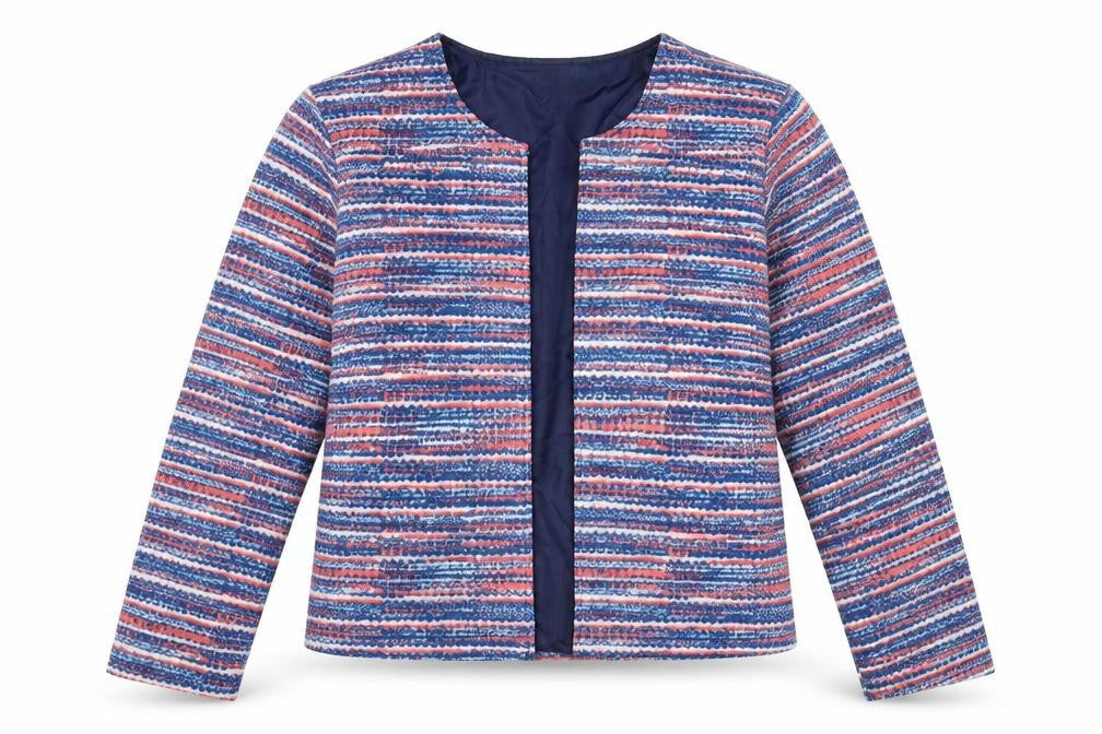 Front view of Anne De Lancay women’s blue striped jacket, size L