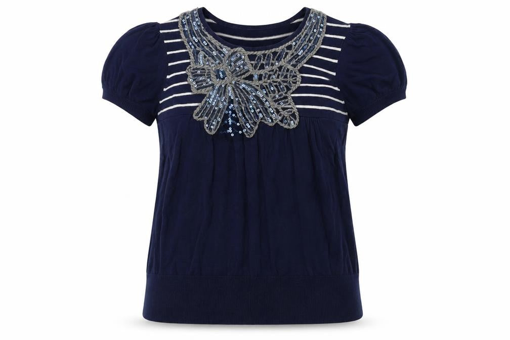 Front view of Be Beau women’s blue striped jumper, size UK 14