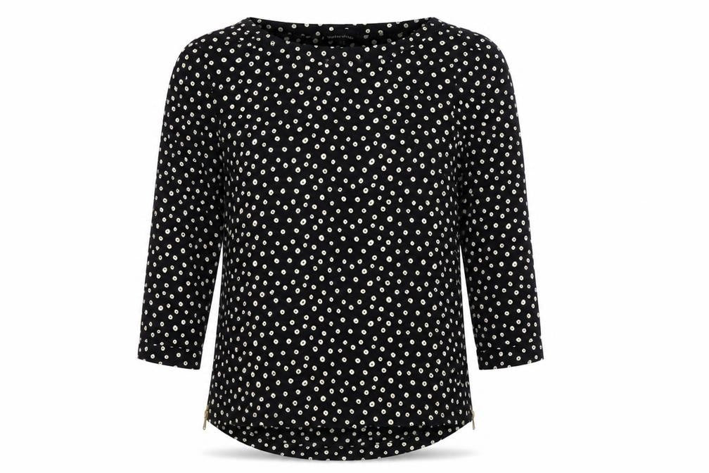Front view of Warehouse women’s black polka dot basic blouse, size UK 8