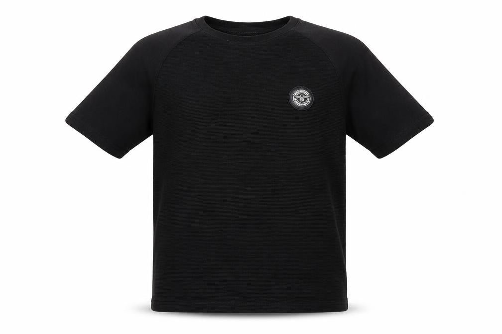 Front view of Creative Recreation boys’ black basic t-shirt, size 12-13, years