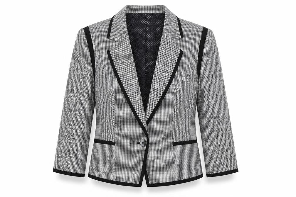 Front view of Preworn women’s grey check jacket, size UK 16