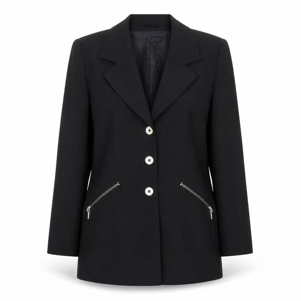 Front view of des anges women’s black jacket blazer, size UK 10