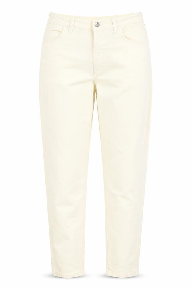 Front view of Preworn women’s yellow trousers, size UK 24, 26-inch leg