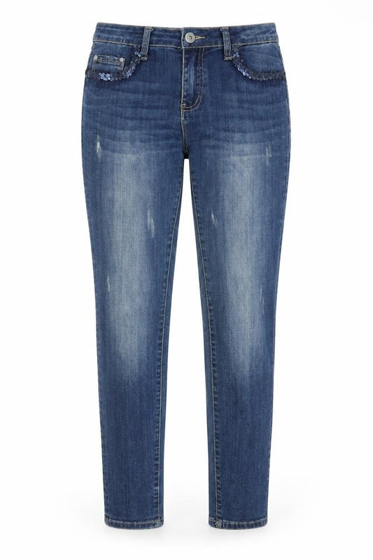 Front view of unisono women’s blue mom jeans, size M, 28-inch leg