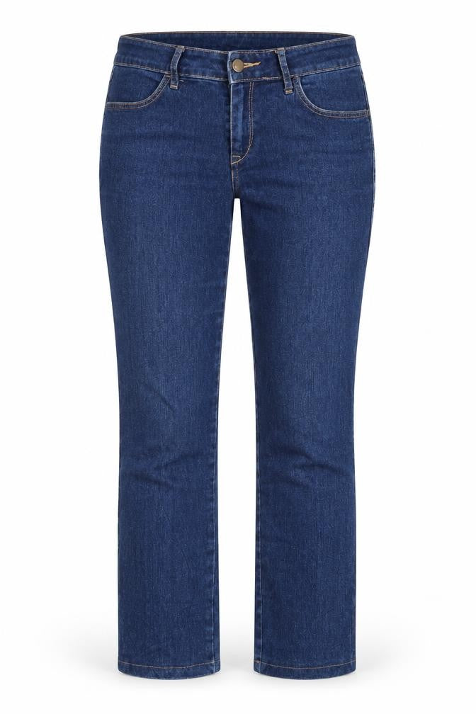 Front view of women’s blue bootcut jeans, size UK 29, 32-inch leg