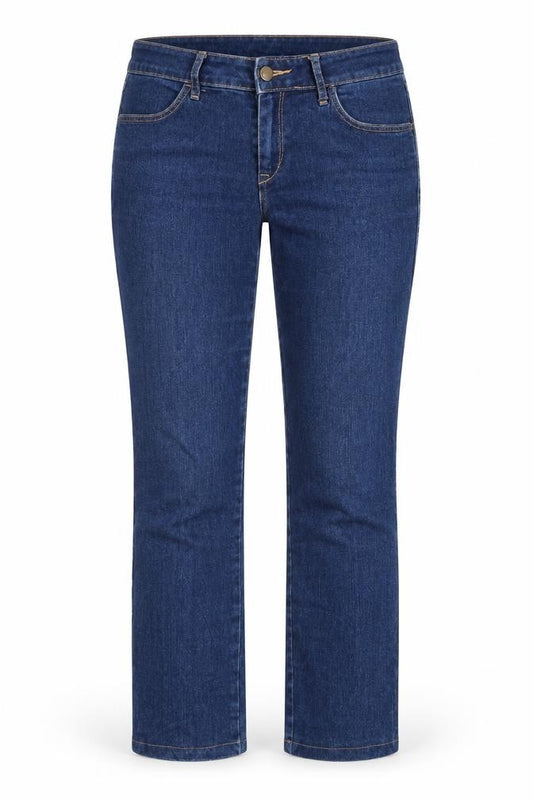 Front view of women’s blue bootcut jeans, size UK 29, 32-inch leg