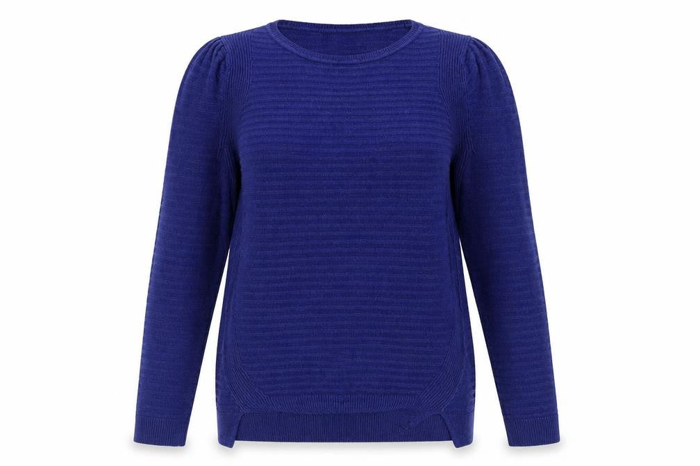 Front view of Love Knitwear women’s blue jumper, size UK 8