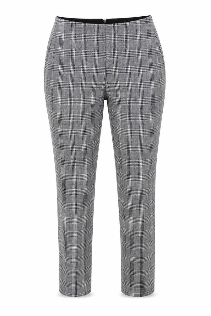 Front view of H&M women’s grey check rain trousers trousers, size M, 29-inch leg