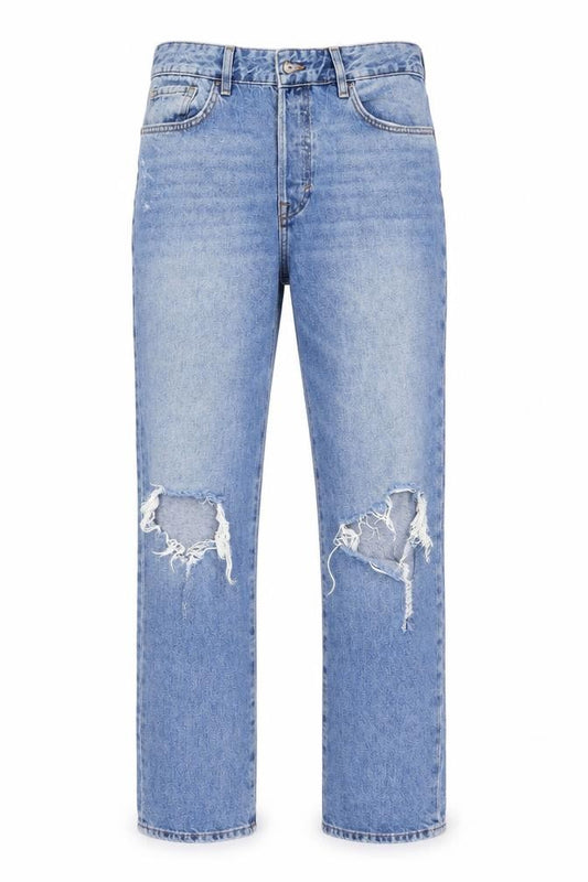 Front view of H&M women’s blue denim mom jeans, size UK 32, in, 29-inch leg
