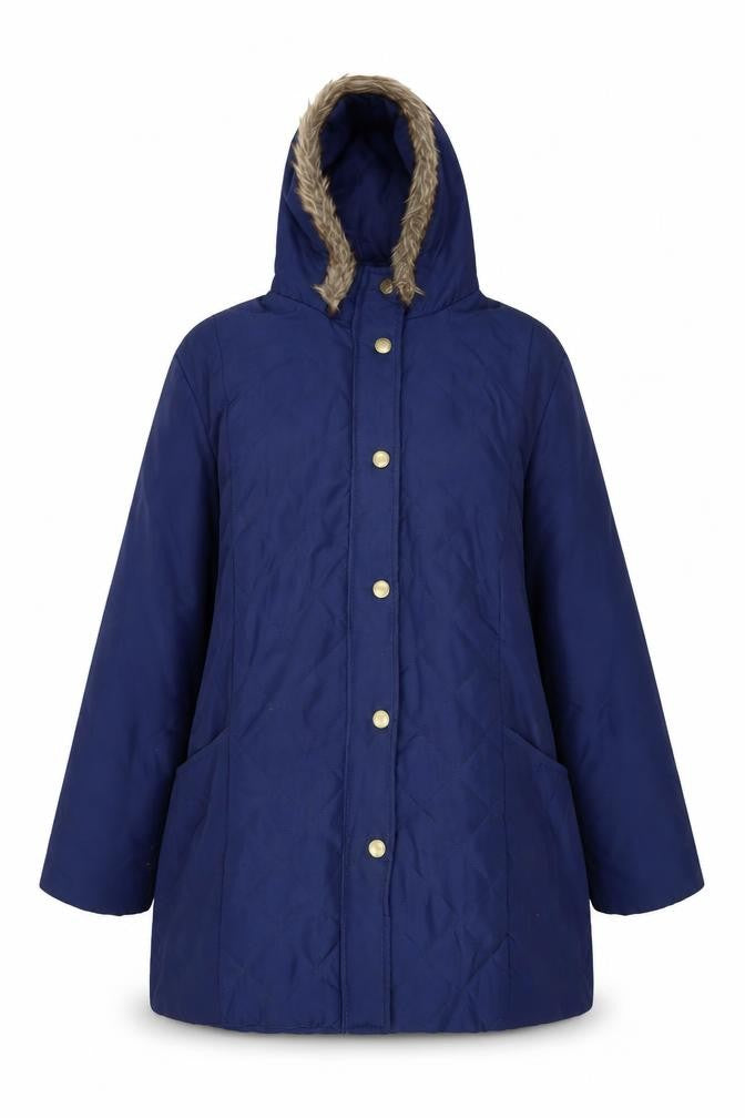 Front view of Anne De Lancay women’s blue parka coat, size M