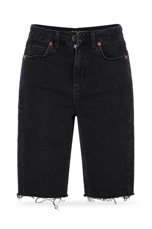 Front view of BDC women’s black denim bermuda shorts, size UK 26, in