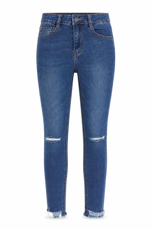 Front view of women’s blue skinny jeans, size UK 26, in, 26-inch leg - ripped jeans