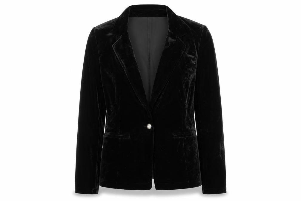 Front view of Saint Tropez Clothing women’s black velour jacket, size M