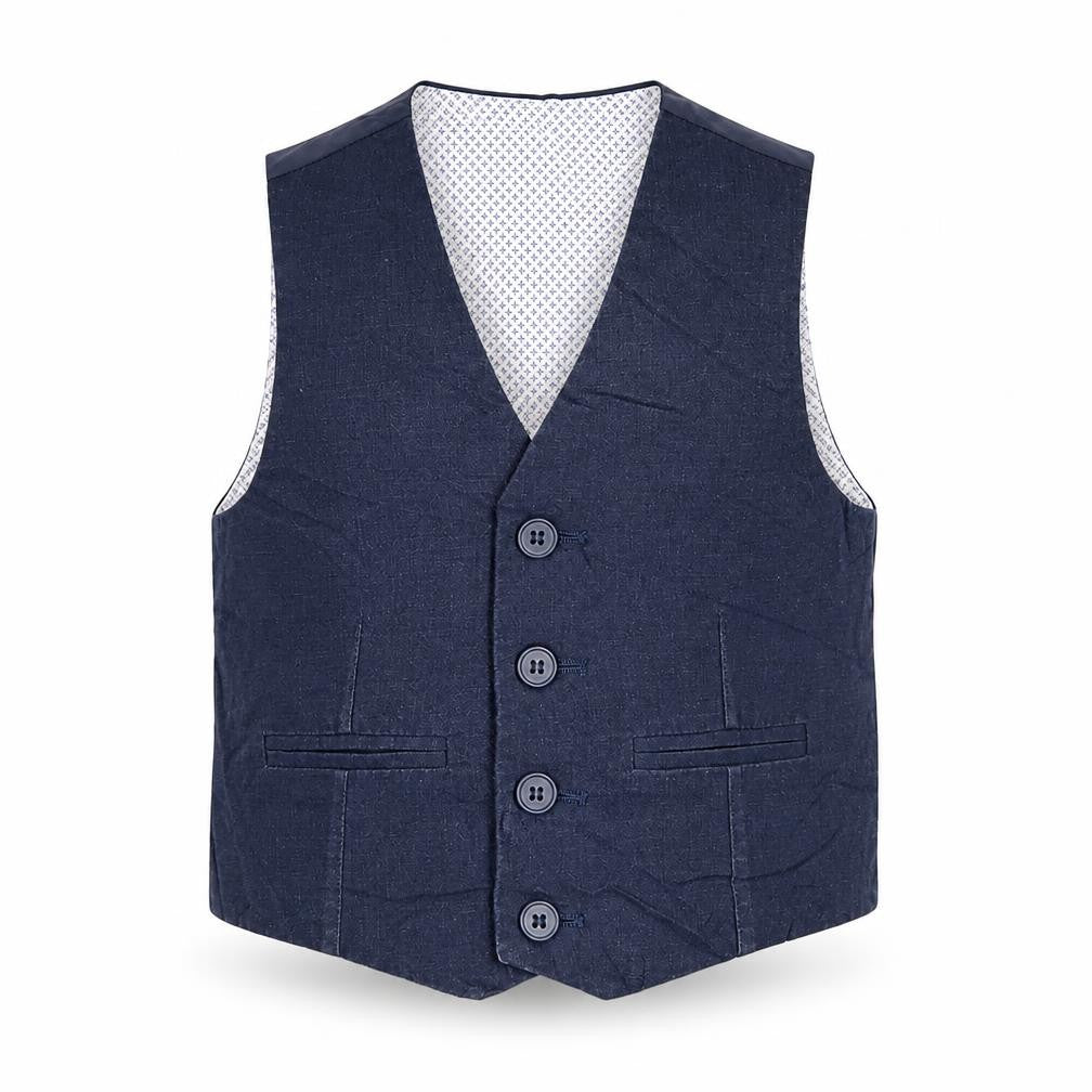 Front view of John Lewis boys’ blue jacket waistcoat, size 4, years