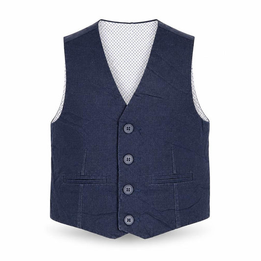 Front view of John Lewis boys’ blue jacket waistcoat, size 4, years