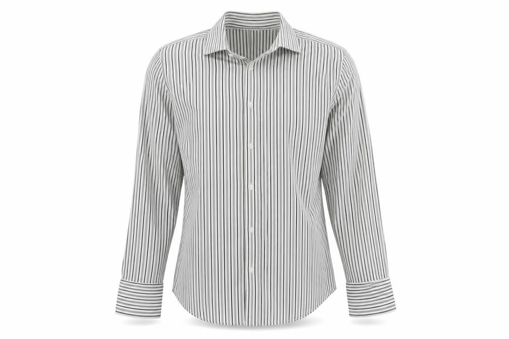 Front view of Sartorial men’s white striped button-up, size XL