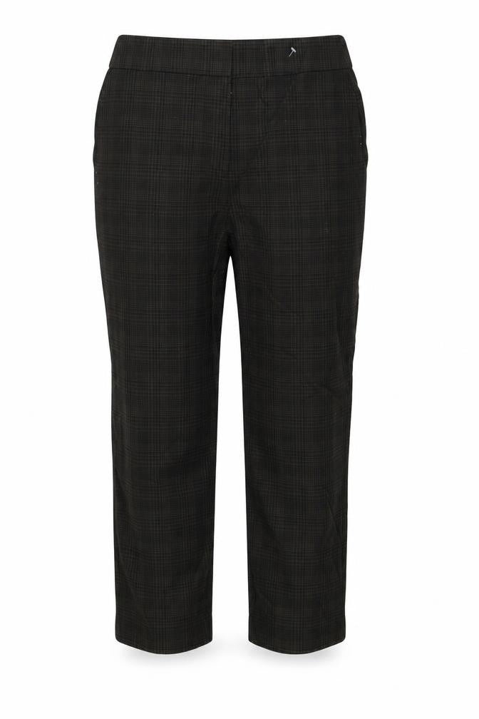 Front view of Next women’s brown check trousers, size UK 14, 24-inch leg