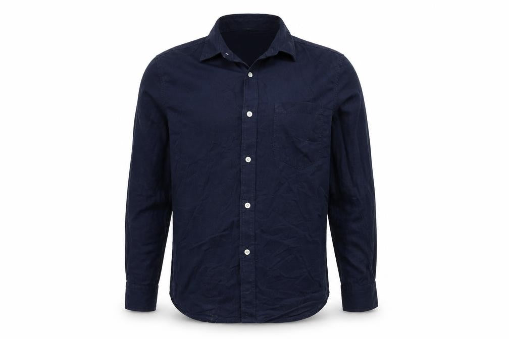 Front view of Burton men’s blue button-up, size L