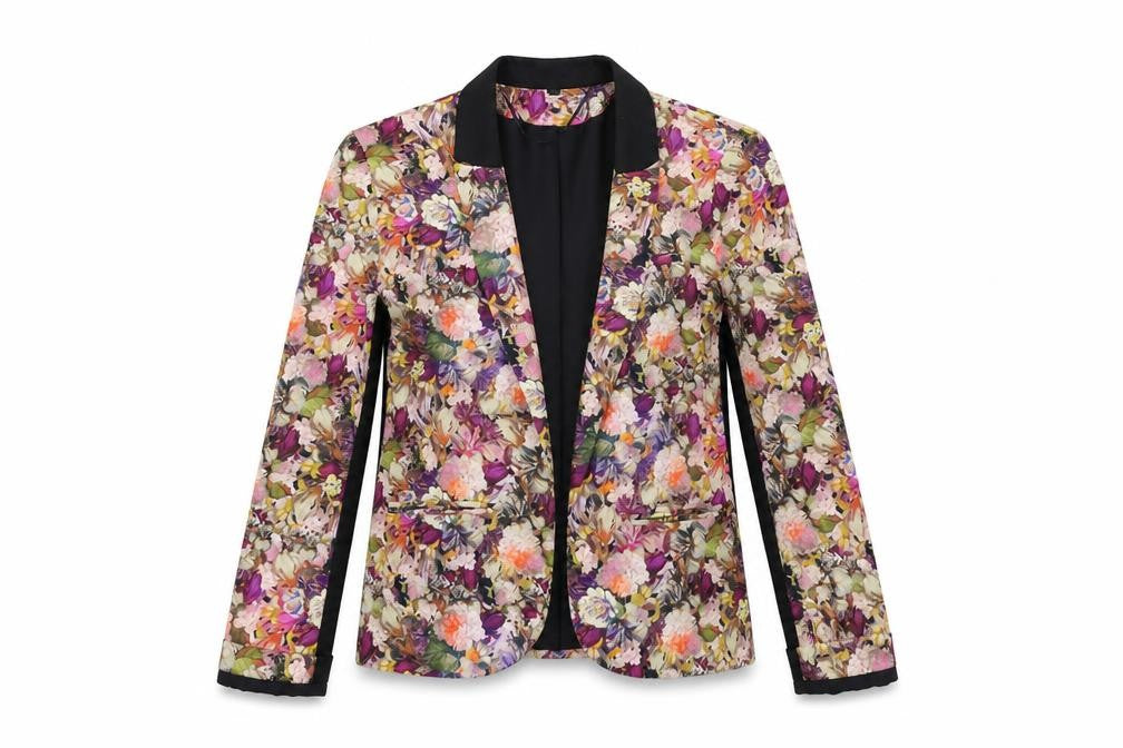 Front view of Topshop women’s multicoloured floral jacket, size UK 6