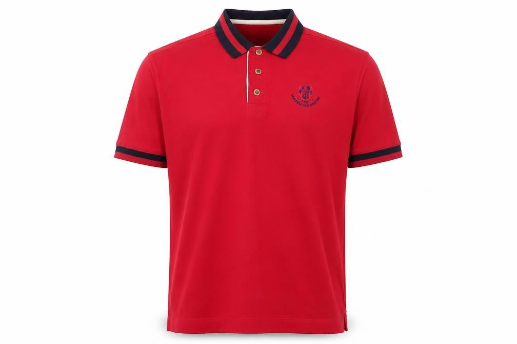 Front view of Cutters men’s red polo, size M