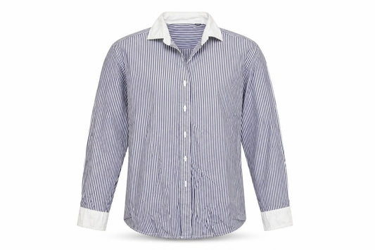 Front view of Tessitura Monti Spa men’s blue striped button-up, size M